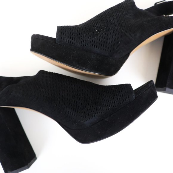 Vince Camuto Jenseya Perforated Peep Toe Wedge Heels Black Suede Leather 10 - Picture 6 of 10